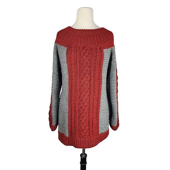 Handmade Crochet Cable Knit Sweater M Red Gray Chunky Colorblock Cabincore Ski - Picture 1 of 11